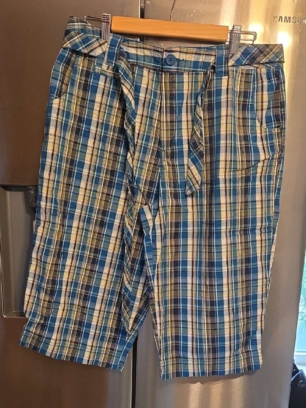 Blue & Cream Plaid Cotton Bermuda Shorts, Womens Size 14
